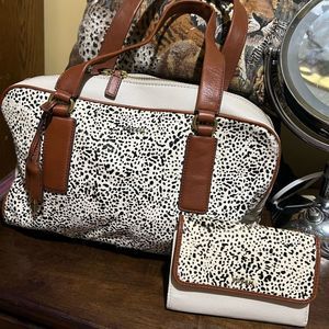NEW Fossil Memoir Leather & Calf Hair Satchel BONE Shoulder bag set with wallet
